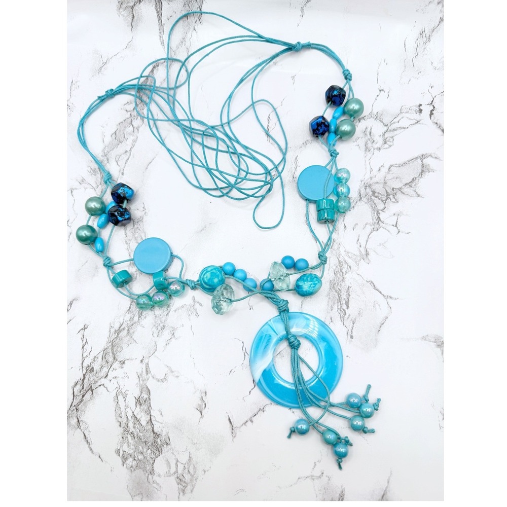 Aqua‎ Blue 3 Strand Cord Necklace Resin Circle Pendant Adjustable Boho